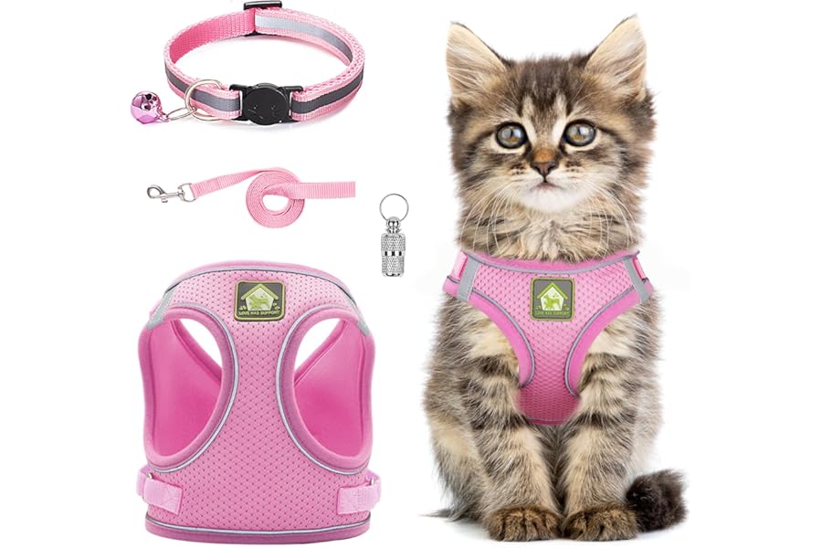 Cat Harness and Lead Set,Adjustable Reflective Stripe Cat Kitten Walking Vest with Leash Cats Collar,Escape Proof Soft Mesh Vest Harness and Lead for Small Medium Cats Pets Walking