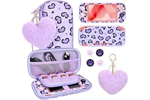 DLseego Carry Case for Switch Lite,Leopard Heart Theme Carry Travel Case with Protective Cover,4PCS Thumb Grip Caps and 1PC Plush Heart Charm,Purple