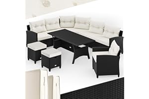 ‎DEUBA Casaria® Polyrattan Ecklounge Set WPC Esstisch Ecksofa Sessel 2 Hocker inkl. Sitzauflagen Kissen Wetterfest Outdoor Lounge Garten Terrasse Balkon Möbel