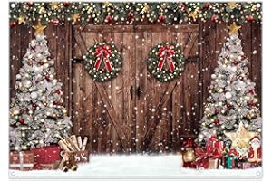 Luminora 2,1 x 1,5 m Winter-Weihnachts-Hintergrund mit rustikaler Scheune, Holztür, Weihnachtsbaum, Schnee, Geschenke, Hintergrund, Familie, Urlaub, Kinder, Geburtstagsdekoration, Party-Foto-Banner