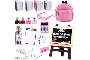 Xinzistar 16pcs Doll School Supplies 1:12 Scale Doll Accessories Mini Dollhouse Accessories Include 11 Kind of Miniature School Supplies For Girls Gift