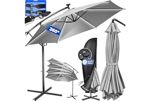 KESSER® Alu Ampelschirm LED Solar Ø350cm Inkl. Abdeckung Fernbedienung Kurbelvorrichtung Kurbelschirm mit Ständer 360° Funktion UV-Schutz Aluminium Wasserabweisend Garten-Schirm Marktschirm Hellgrau
