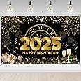 Happy New Year Banner 2025 Extra Large 73x43 Inch, New Years Eve Decorations 2025, Black and Gold Happy New Year Backdrop 2025, Happy New Year Decorations 2025, Happy New Years Eve Party Supplies
