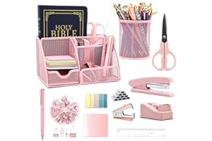 QPENGUINBABIES 12-in-1 Schreibtisch-Organizer und Zubehör-Set, rosa Bürobedarf, inklusive Hefter, Stifthalter, Klebebandhalter, Heftklammern, Schere, Lineal, Heftklammerentferner für Zuhause und Schule