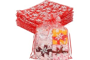 YQL 100 Stück Gross Organzasäckchen Weihnachten, 17x23cm Rot Organza Säckchen, Schneeflocke Säckchen mit Zugband, Schmuckbeutel, Geschenkbeutel für Weihnachtsseife, Schmuck, Süßigkeiten, Make-up