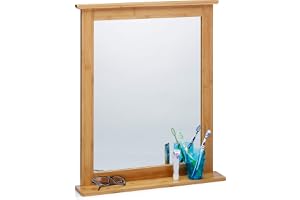 Relaxdays spegel bambu med hylla, hallspegel, hängande väggspegel, spegel för badrum och vardagsrum, sminkspegel, natur