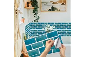 AMOYUN Kitchen Tile Stickers, Pack of 12 Mosaic Tile Stickers, 15 x 30 cm, Bathroom Self-Adhesive Tile Decoration Stickers, Brick for Kitchen, Dining Room, Bathroom, Tile Film, Decoration, Blue