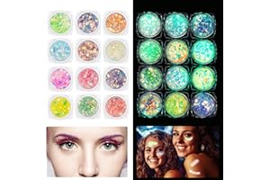 OBRJOYFLY 12 Farben Glitzer Gesicht, Festival Glitzer Leuchtet im Dunkeln für Weihnachten Schminke, Festival Glitzer Gesicht Verwendung für Augen, Lippen, Nägel, Körper