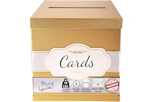 Merry Expressions Gold Wedding Card Box for Party, Wedding, Birthday, Graduation, 25 x25 cm - Large Post Box for Cards & Memories - Wedding Gift Card Box with White & Gold Satin Ribbon & Cards Label