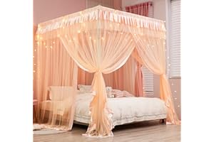 Mengersi Canopy Bed Curtains for Girls Kids - Bed Canopy for Girls Bed Drapes Mosquito Net - Cute Princess Bedroom Decoration Accessories(Full, Peach)