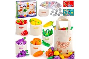 Sundaymot Kaufladen Zubehör Holz, Kinderküche Zubehör, 69 stk Bauernmarkt Farbensortierset mit Leinentasche und Euro Spielgeld, Gelten für Rollenspiele Jungen und Mädchen ab 3 Jahren