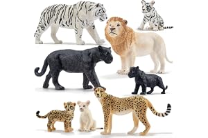 TOYMANY 8 stycken stora katter, vilda djur, figurset, djungeldjurfigurer | Vita lejon, vit tiger, gepard, svarta panterfigurer med valpar, tårtdekorationer jul födelsedag leksak gåva