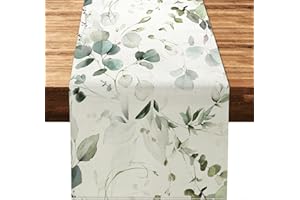LOMOHOO Table Runners Spring Green Eucalyptus Leaves Table Runner 94 Inches Burlap Table Runner for Dining Table Decor Home Wedding Party Decorations