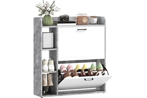 HOMCOM Scarpiera Salvaspazio Slim con 2 Ante a Ribalta, Scarpiera Ingresso con 3 Vani Aperti, Ripiani Regolabili, Piano Superiore, Porta Scarpe per 15 Paia in Legno con Maniglia, 83x24x90.5 cm, Grigio
