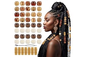 Larrel - Lot de 60 perles en bois imprimées - Perles en bois naturelles à grand trou - Perles rétro pour cheveux - Décoration de tresses - Perles en bois pour bricolage - Décoration de tube de cheveux