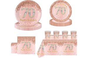 POPOYU 69Pcs Rose Gold 70th Birthday Party Tableware 16 Guests,70th Rose Gold Party Paper Plates Tablecloth Paper Cups and Napkins Tableware Set for Women Her Birthday Gifts Party Supplies Table Decorations