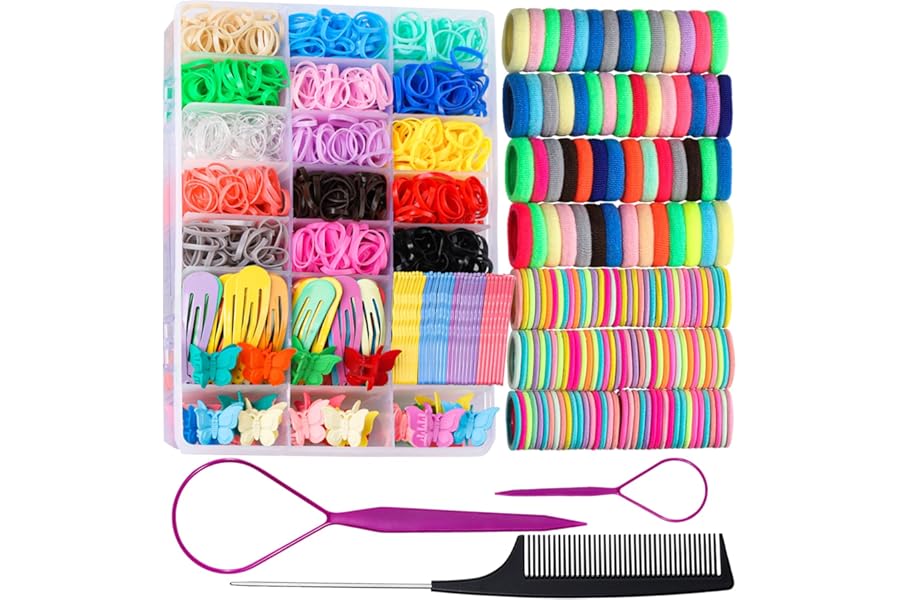 Elastic Hair Bands Hair Ties for Little Girls, Teenitor Hair Rubber Bands with Tail Hair Tools, Snap Hair Clips, Baby Hair Bobbles for Girls, Pin Tail Comb, Hair Accessories for Kids, Thin Hair Bands