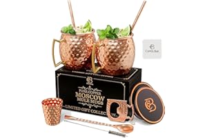Moscow Mule tazas 100% sólido cobre, martillado, Set de regalo de 2, 16oz, no níquel auténtico mango, Bonus: 2 pajitas + 1 shot cristal + agitador & 2 Libros Electrónicos por copper-bar