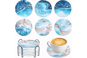 TsunNee Ceramiczne okrągłe chłonne podstawki pod napoje z uchwytem, podstawa korkowa, antypoślizgowe podstawki pod napoje, marmurowy motyw na parapetówkę, mieszkanie, kuchnia, pokój, bar, dekoracja, 6