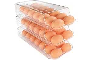Theaoo Soporte para Huevos de Nevera - Contenedor Rodante Automático, Dispensador de Plástico Transparente, Organizador Apilable con Bandeja Interior para Refrigerador