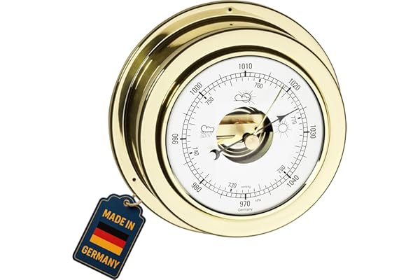 TFA Dostmann baromètre analogique Maritim, 29.4010.B, pour Les prévisions météorologiques, en Laiton Poli, Mesure la Pression atmosphérique, Or