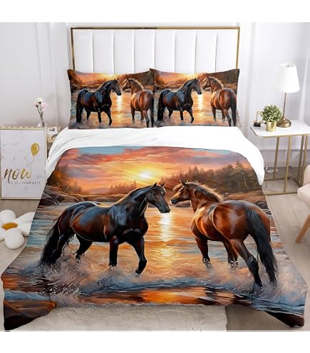 Sticker superb Blanc Noir Cheval Courant Parures de Lit pour 2 Personnes, 3 Pièces Hiver Automne Housse de Couette avec 2 x Taie d'oreiller (Cheval Courant 3, 200x200cm