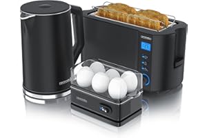 ‎ARENDO Arendo - Wasserkocher mit Toaster SET und Eierkocher, Edelstahl Schwarz Wasserkocher 1,5L 40° - 100°C Toaster 4 Scheiben LED-Display 6 Bräunungsgrade Eierkocher 1-6 Eier Messbecher BPA frei