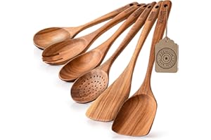 BOXIKI KITCHEN Set di Utensili in Legno di Teak di Lusso - Elegante Ensemble da Cucina da 6 Pezzi Inclusi Cucchiai, Mestolo, Raschietto & Spatola - Realizzato con Maestria per l'Eccellenza Culinaria