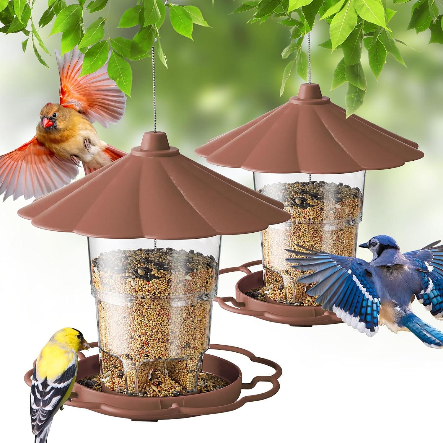 Kingsyard Bird Feeder for Outside Outdoors Hanging, Adjustable Hopper Feeders with Wide Seed Tray and Rainproof Roof, Wild Birds Feeder for Garden Backyard Decoration, 1 pack, Brown