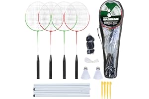 TOYRIFIC Baseline Badminton Racket Set, Racquets and Shuttlecocks, 4 Player with Net and Poles, Complete Set