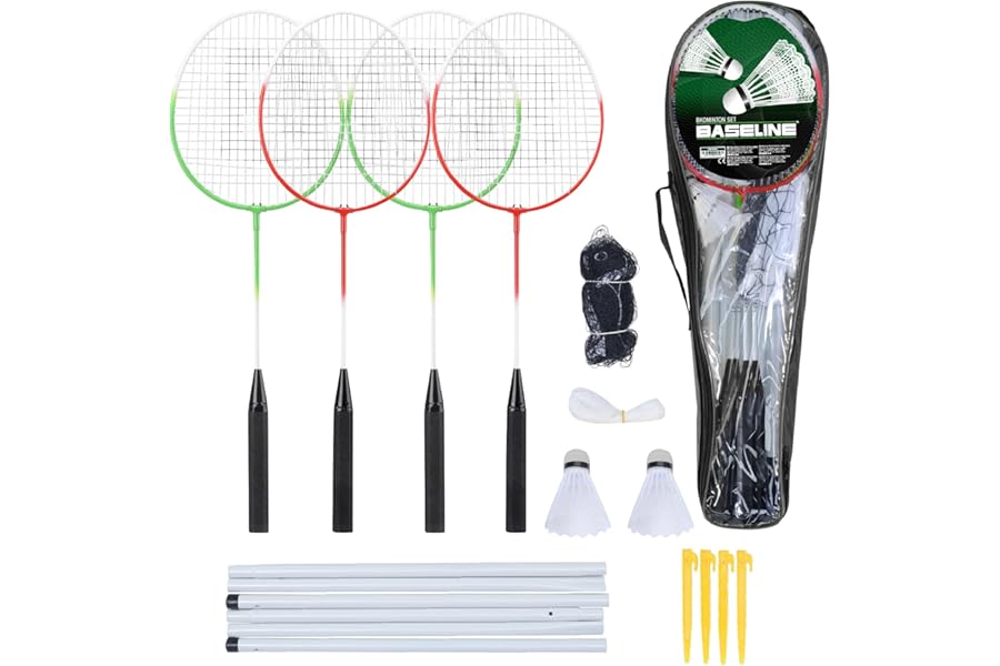 Baseline Badminton Racket Set, Racquets and Shuttlecocks, 4 Player with Net and Poles, Complete Set