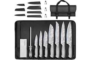 MOSFiATA Lot de 12 Couteaux de Cuisine en Acier Inoxydable Pour l'extérieur avec étui, Couteaux de Chef Tranchants, Protège-Doigts, Douilles de Sabre de Couteau, Baguette à Aiguiser, sac de Transport