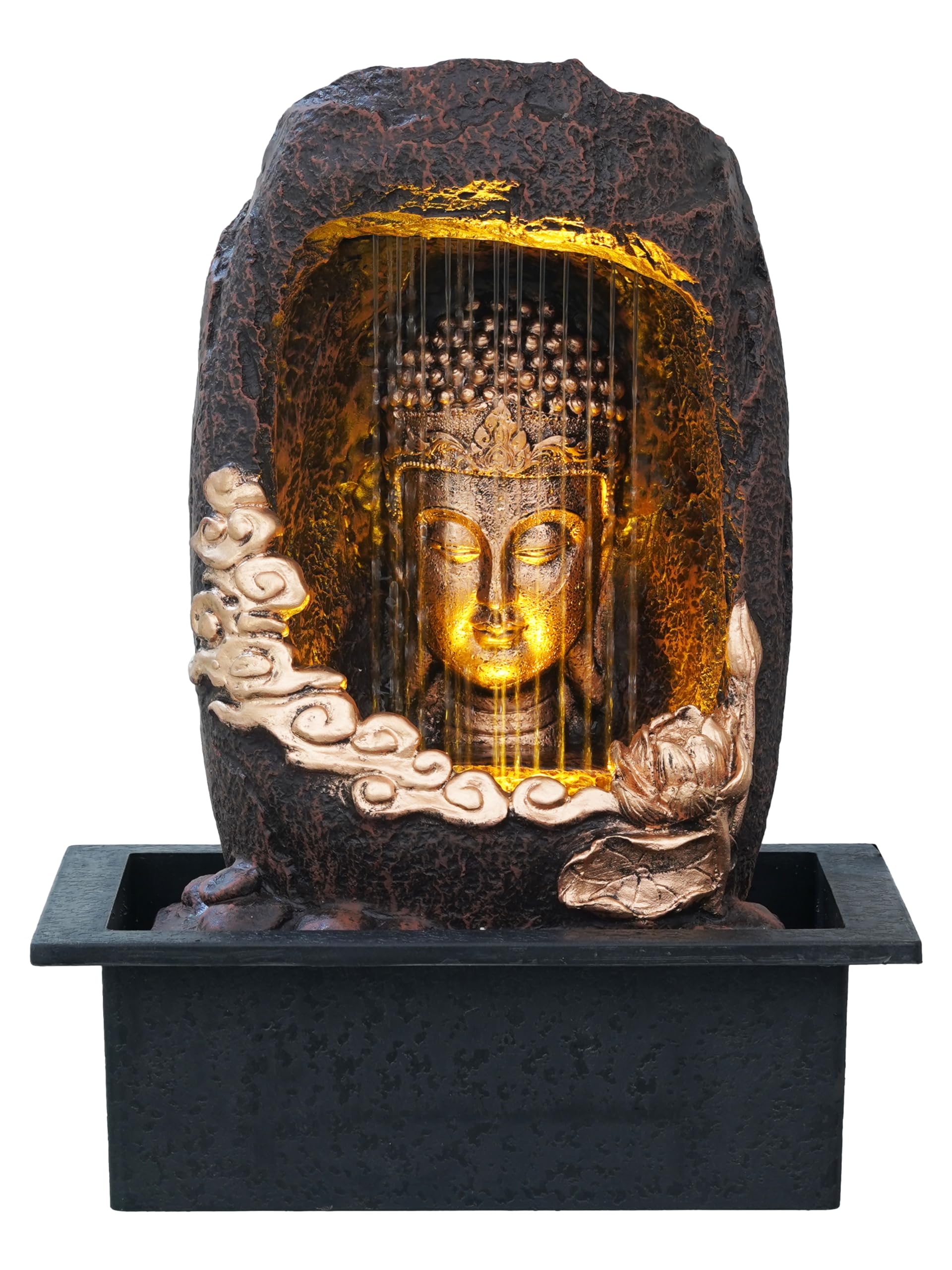 CHRONIKLE Polyresin Tabletop Gold Brown Meditating Buddha Sitting in Cave Style Indoor Front Curtain Waterfall Fountain for H