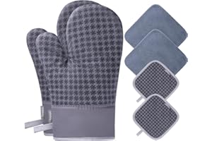 Yeqqzq Oven Mitts and Pot Holders 6pcs Set, Kitchen Oven Glove High Heat Resistant 500 Degree Extra Long Oven Mitts and Potholder with Non-Slip Silicone Surface for Cooking, Baking, BBQ (Grey)