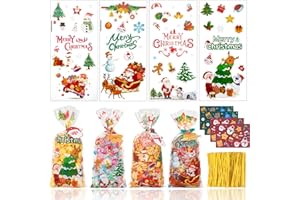 GOMANCHE Lot de 100 sacs en cellophane de Noël transparents avec 100 nœuds, sacs en cellophane avec étiquettes cadeaux pour fête de Noël des enfants.