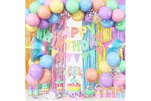 Jobkoo Pastel Birthday Decorations for Girls, Macaron Rainbow Pastel Color Balloons Reusable Happy Birthday Banner Sign Fringe Curtain Backdrop Cake Toppers for Kid Spring Baby Shower Party Decoration