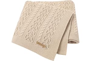 DovFanny Baby Blanket Cotton Cable Knitted Cellular Cozy Breathable Blanket for Baby Boy and Girls 90 x 70cm Beige