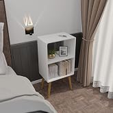 ETIQUETTE ART Bedside Table,Mid-Century Modern Bedside Table with Storage Open Shelf Wood Shelf,Small End Side Table with Dec
