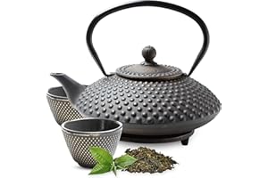 Tealøv THEIERE FONTE 1,25 LITRE SET COMPLET | BOÎTE CADEAU | Service à Thé en Fonte avec Théière, 2 Tasses & Dessous Théière | Entièrement Émaillée de l'Intérieur | Design De Style Japonais | Noir/Or