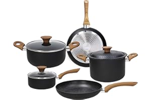 Tognana Rock In Wood, Batteria di pentole e padelle, Set con 2 padelle, 2 casseruole, 1 pastaiola, 2 coperchi trasparenti, 1 coperchio con fori, 8 Pezzi, Alluminio, Nero