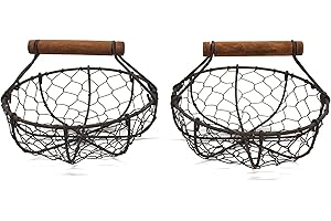 CVHOMEDECO. Cestini tondi per Uova in Filo di Gallina Cestini per la Raccolta della ruggine con Manico in Legno Cestini per la conservazione in Stile Country Vintage. Set di 2