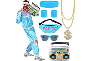 CEFUNIS 80s 90s Shell Suit Costume Set for Women Men, 1980s Fancy Dress Costume Fashion Retro Tracksuit 80s Outfit Set with Headband Wristband Necklace Hip Hop Rapper Dress Up for Carnival Party