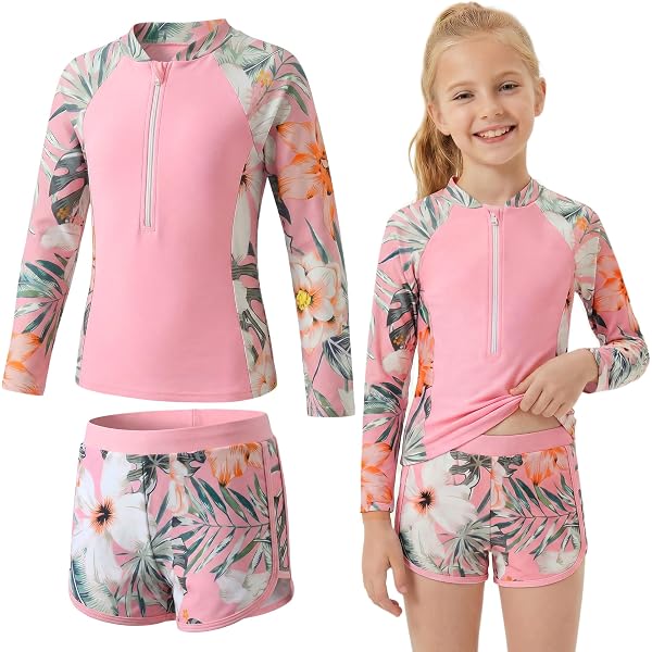 RUNQHUI Rashguard Anti-UV Fille Manches Longues – Haut Maillot De Bain Zippé 5-16 Ans – Protection Solaire Totale