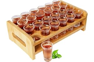 SUPROBARWARE Juego de vasos de chupito, soporte de cóctel de madera y vaso de chupito, organizador de mesa de servir bebidas, 24 agujeros con transparente, 24 piezas de 15 ml -20ml para bebidas