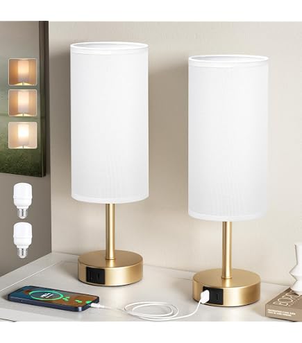 Set of 2 Tripod - Chrome Lamps with White Gold Fabric Shade