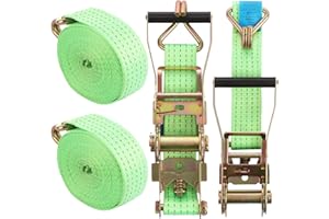 FWEEK 2 Sets Ratchet Tie Down Straps 5cm x 6m, 3T Break Strength, Heavy Duty Lashing Strap, Securing Straps with Handle and Metal J Hook for Trucks, Cars, Motorcycles – Green