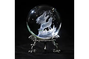 VSKIKRIS 6 cm 3D-Laser-Kristallfigur heulender Wolf Kristallkugel Briefbeschwerer mit Standfuß – 3D-Gravur Kristall Wolf Geschenk Heimdekoration