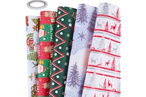 GAOHUI Christmas Wrapping Paper, Green White Red Xmas Wrapping Paper with 1 Double-Sided Tape - Recyclable Gift Wrap for Christmas Birthday Near Year