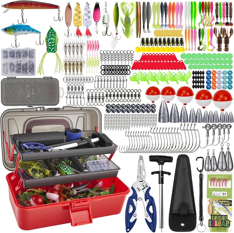 Juego de accesorios de pesca de 460 piezas con caja de cebo, juego de señuelos de pesca y juego de herramientas con clips de labios, removedor de ganchos, intermitentes de cuchara, spinner, jigs