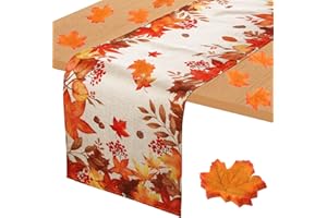 COLOFALLA Camino de Mesa Otoño 180x30cm + 50 Hojas de Arce Artificiales para Decoración Otoño Halloween Acción de Gracias